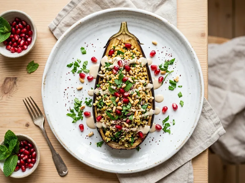 Gebackene Auberginen-Boote mit Bulgur-Kräuterfüllung und Granatapfel-Tahini