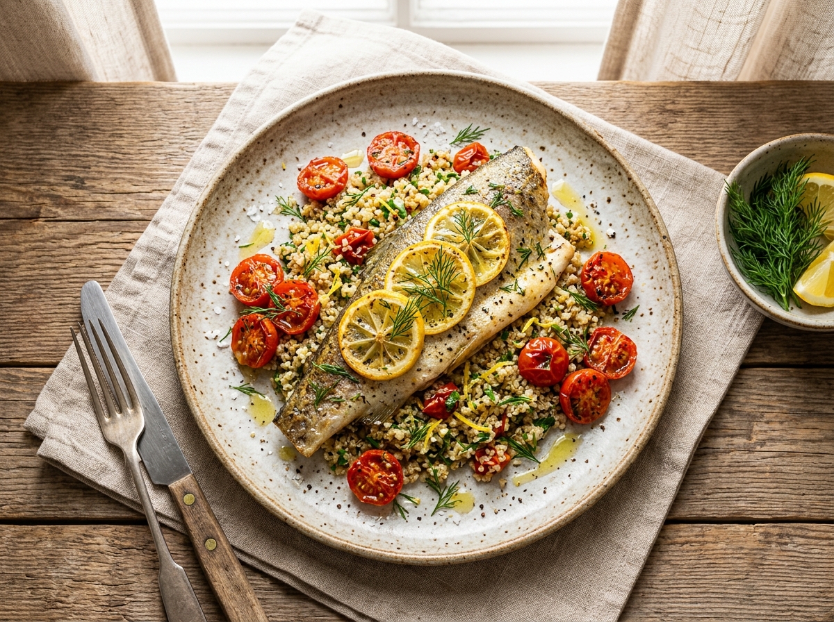 Gebackene Forelle mit Zitrus-Quinoa und frischem Dill