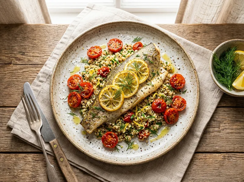 Gebackene Forelle mit Zitrus-Quinoa und frischem Dill