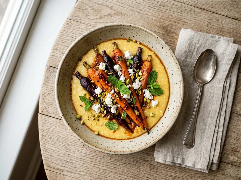 Gebackene Honig-Harissa-Karotten mit Ziegenkäse-Polenta
