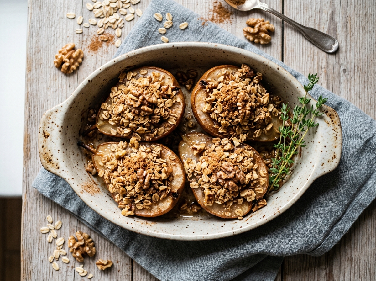 Gebackene Honig-Zimt-Birnen mit Walnuss-Haferflocken-Crumble