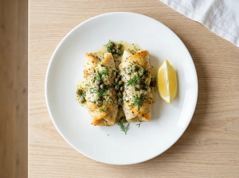 Gebackene Schollenröllchen mit Zitronen-Dill-Butter und Kapern
