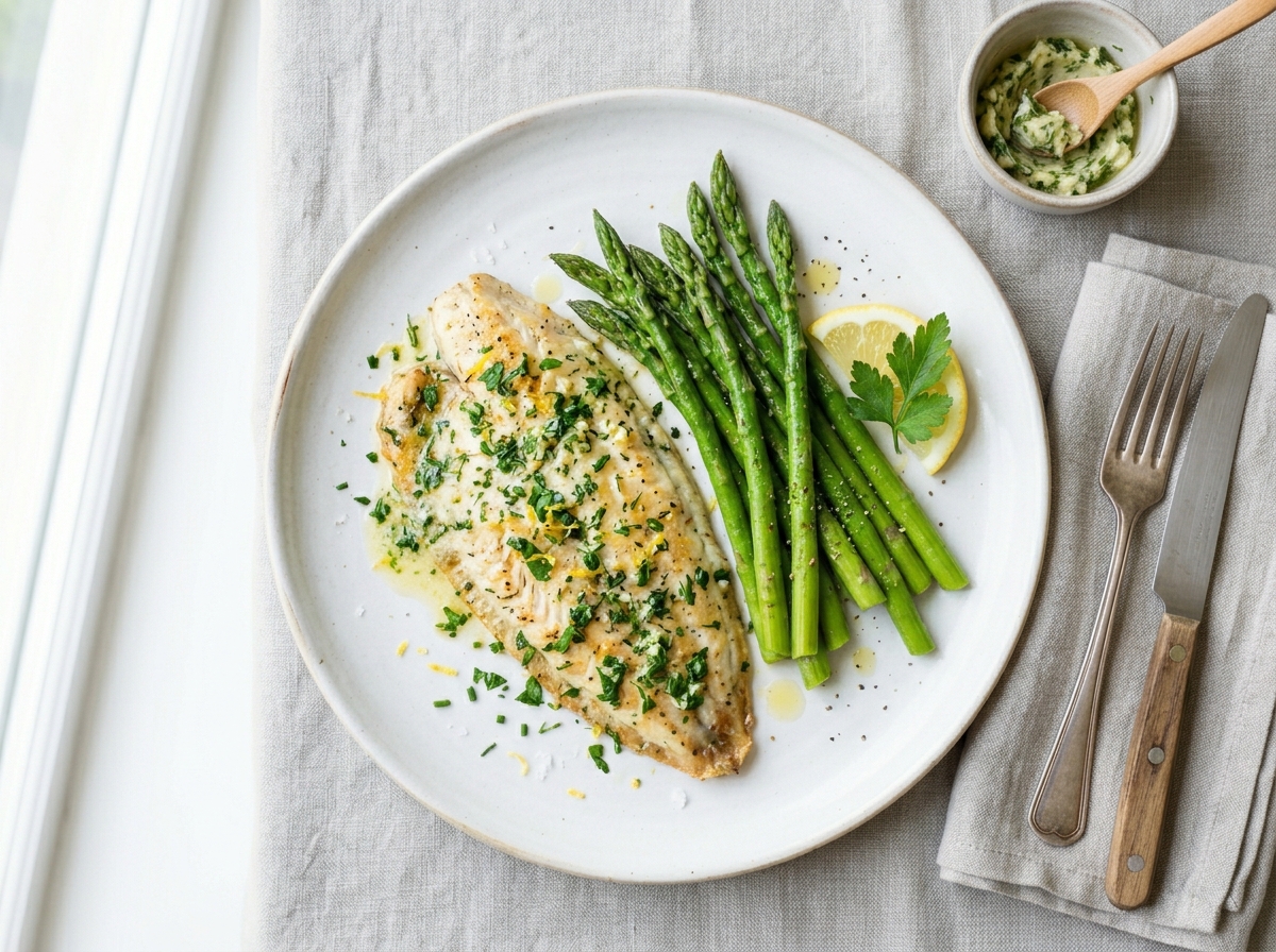 Gebackene Seezunge mit Zitrus-Kräuter-Butter und grünem Spargel