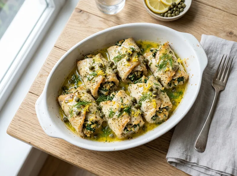 Gebackene Seezungenröllchen mit Zitronen-Dill-Butter und Kapernstreuseln