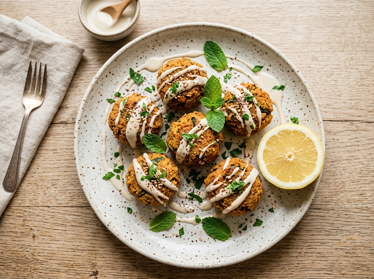 Gebackene Süßkartoffel-Falafel mit Zitronen-Tahini und frischer Minze