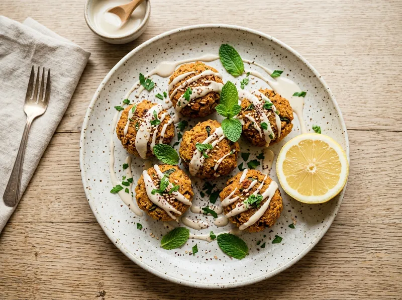 Gebackene Süßkartoffel-Falafel mit Zitronen-Tahini und frischer Minze