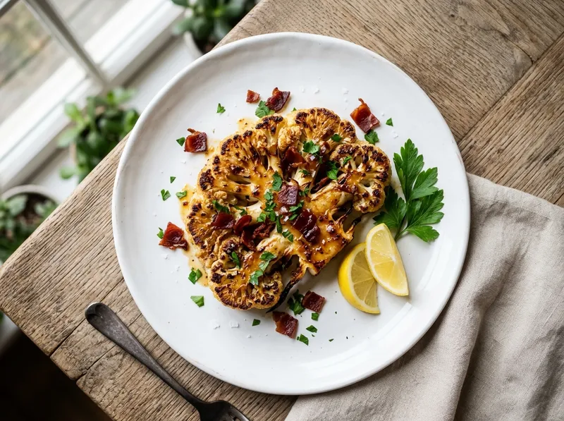 Gebackene Zitronen-Honig-Blumenkohl-Steaks mit knusprigem Serranoschinken