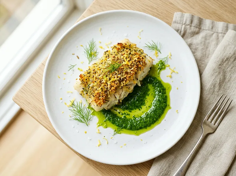 Gebackener Kabeljau mit Zitrus-Fenchel-Kruste und Petersilien-Öl