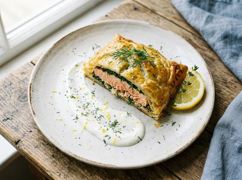 Gebackener Lachs in Blätterteig mit Spinat und Zitronenjoghurt