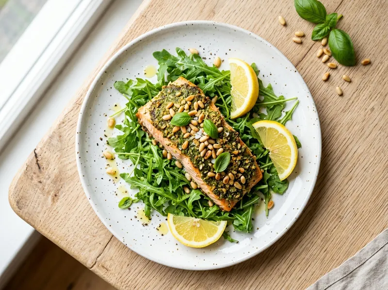Gebackener Lachs mit Pesto-Kruste und knackigem Zitronen-Rucola
