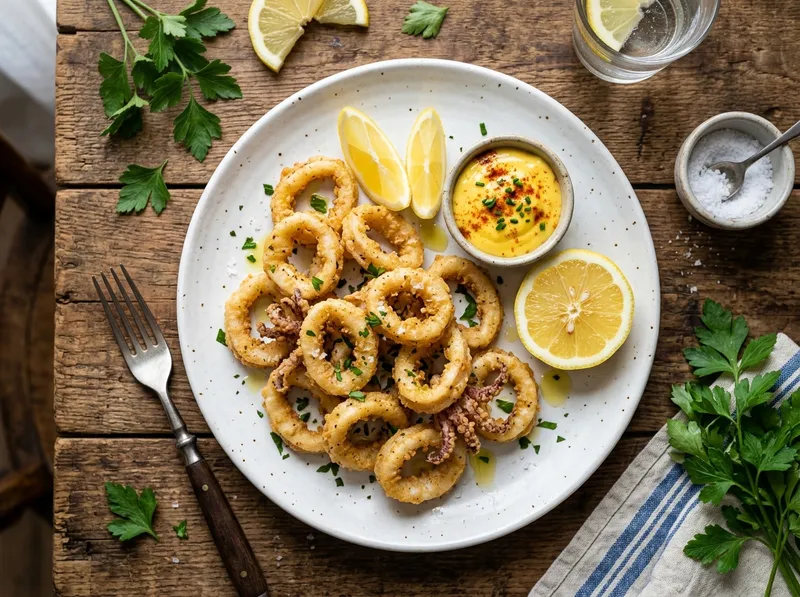 Gebratene Calamari mit Zitrone, Knoblauch und frischer Petersilie