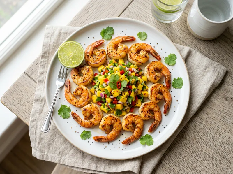 Gebratene Garnelen mit Mango-Koriander-Salsa und Limette