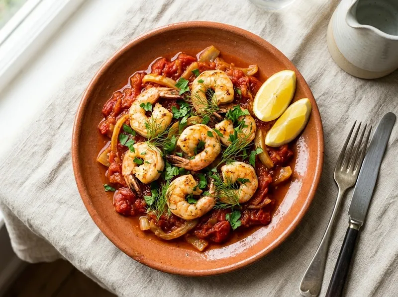 Gebratene Garnelen mit Tomaten-Fenchel-Sugo und frischer Zitrone