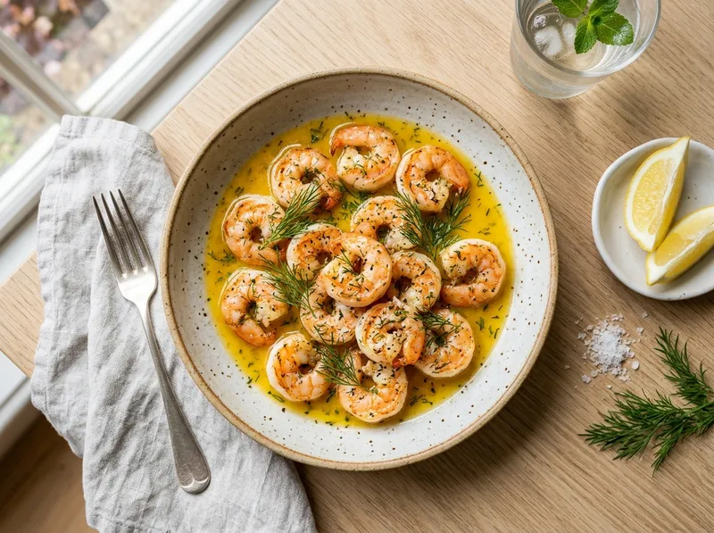 Gebratene Garnelen mit Zitronen-Butter und frischem Dill