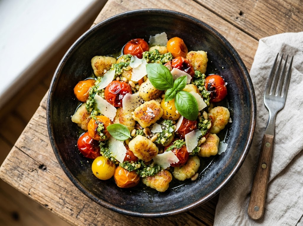 Gebratene Gnocchi mit Kirschtomaten und Basilikum-Pesto