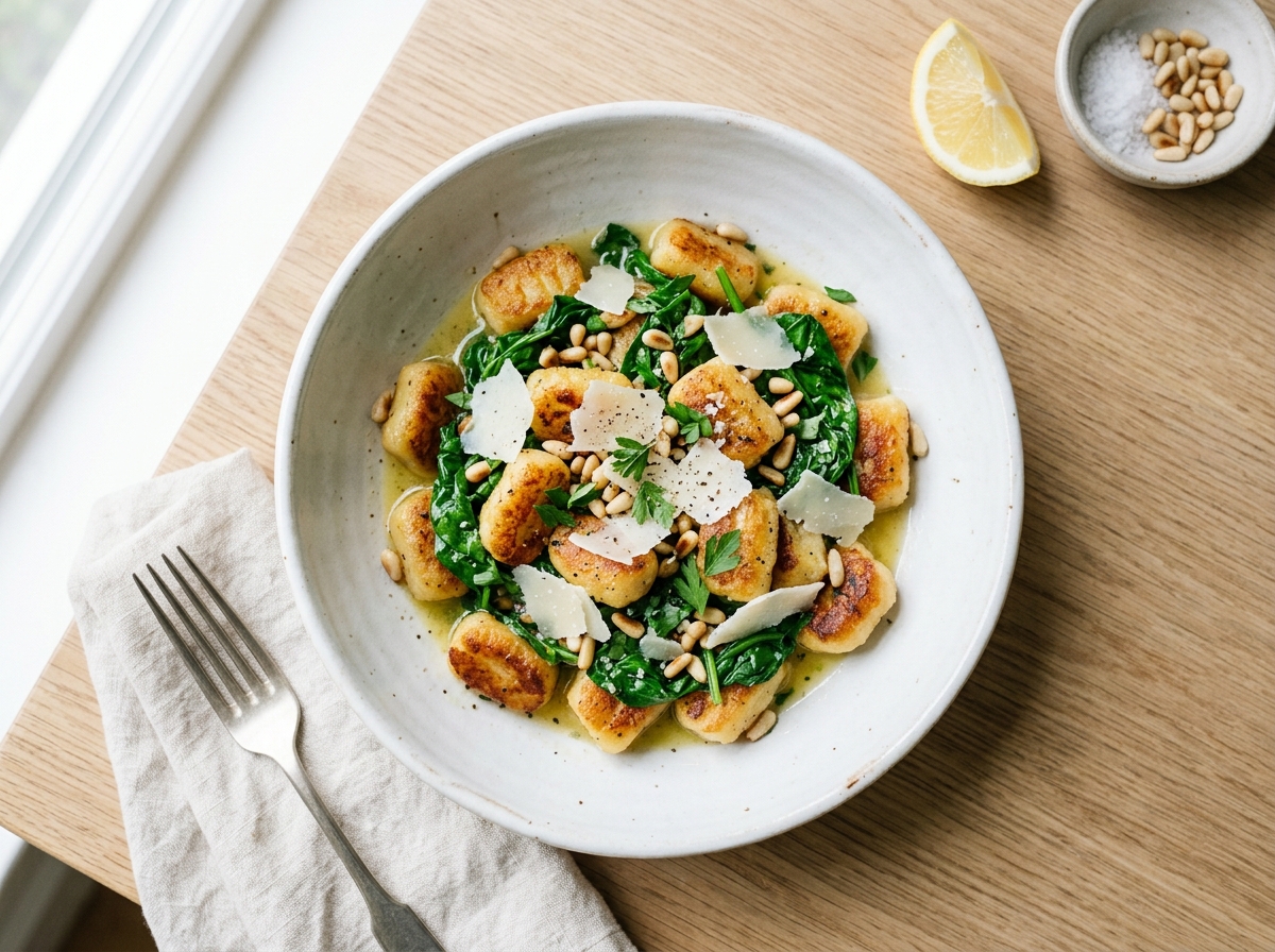 Gebratene Gnocchi mit Zitronenbutter und frischem Spinat
