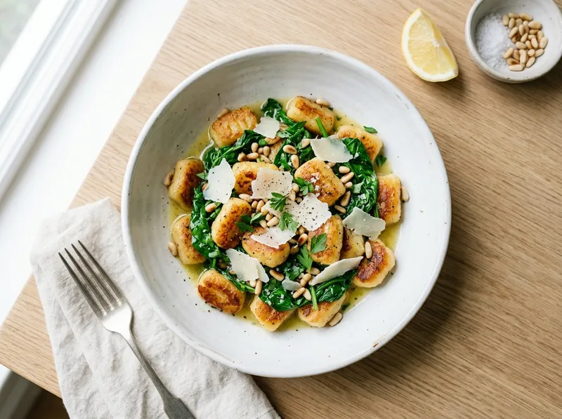Gebratene Gnocchi mit Zitronenbutter und frischem Spinat