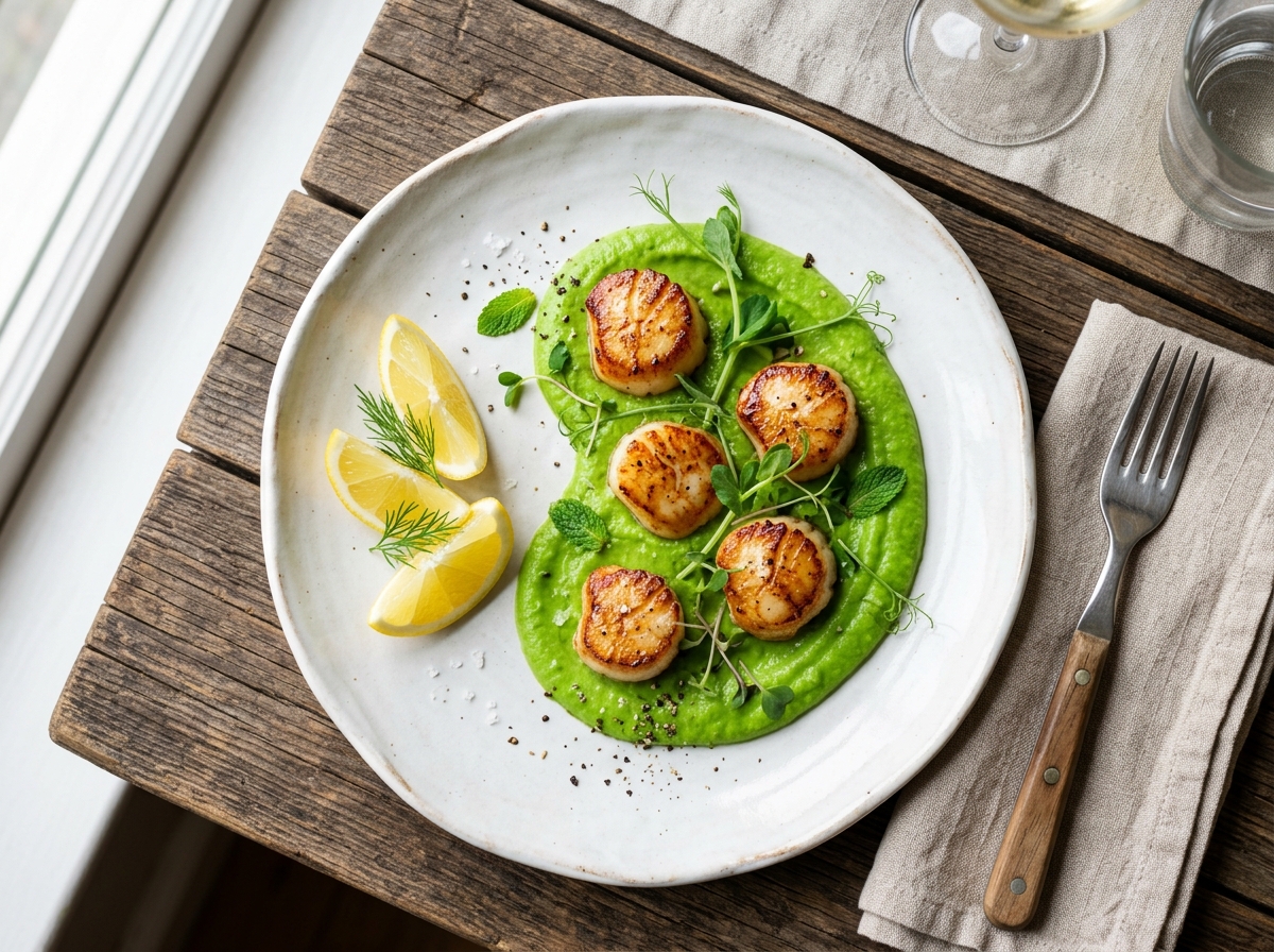 Gebratene Jakobsmuscheln mit Erbsen-Minz-Püree und Zitrone