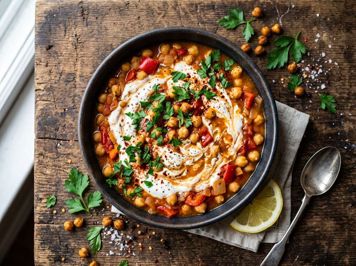 Gebratene Kichererbsen-Paprika-Pfanne mit Zitronenjoghurt und frischer Petersilie