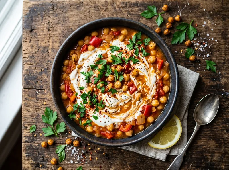 Gebratene Kichererbsen-Paprika-Pfanne mit Zitronenjoghurt und frischer Petersilie