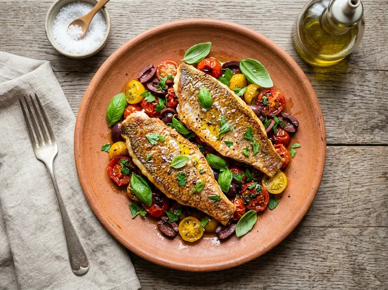 Gebratene Rotbarbenfilets mit Tomaten-Oliven-Relish