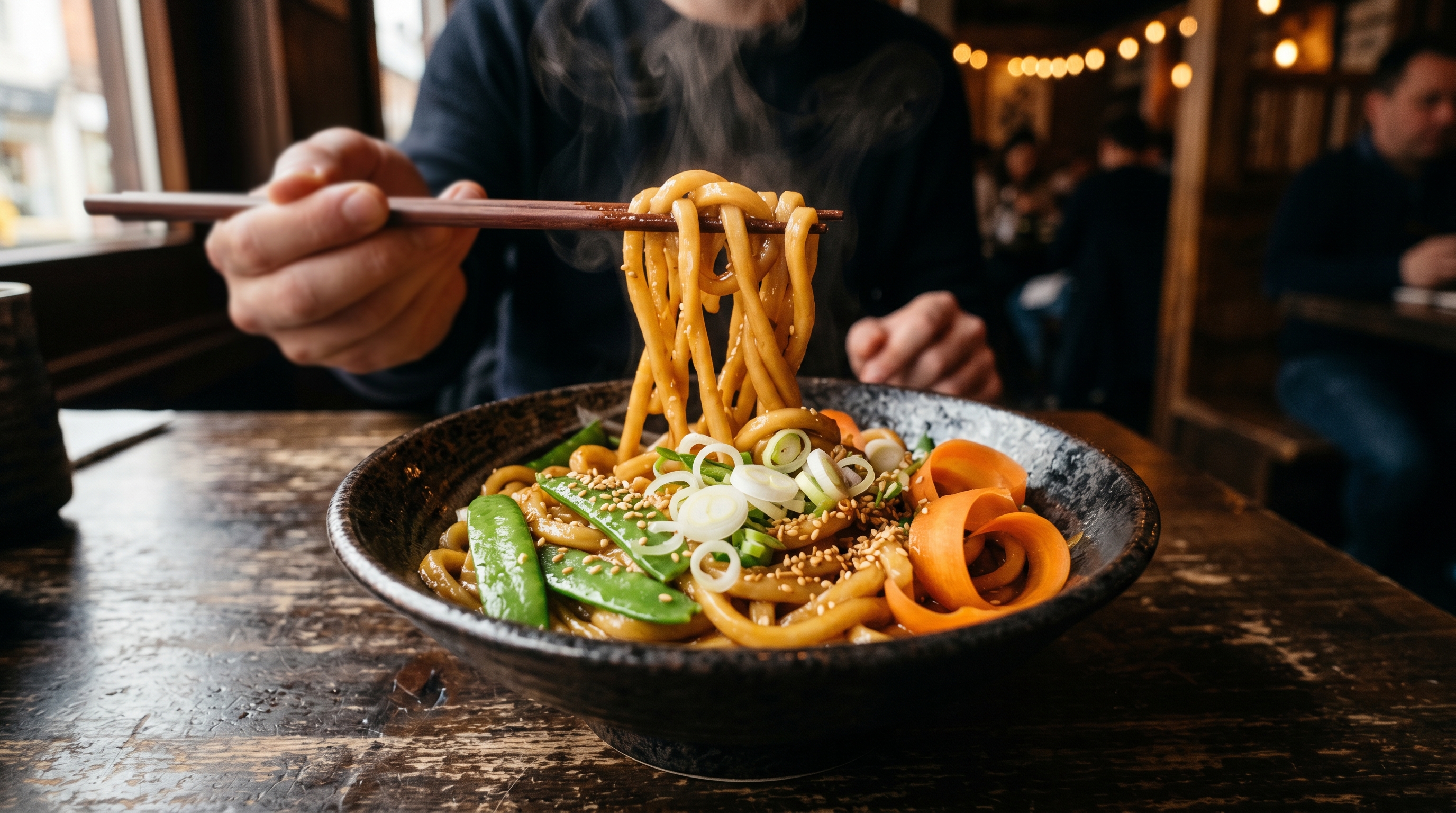 Gebratene Udon-Nudeln mit knackigem Gemüse und Sesam-Soja-Sauce