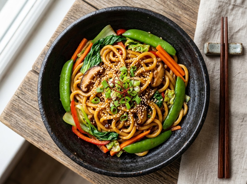 Gebratene Udon-Nudeln mit knackigem Gemüse und Sesam-Soja-Sauce