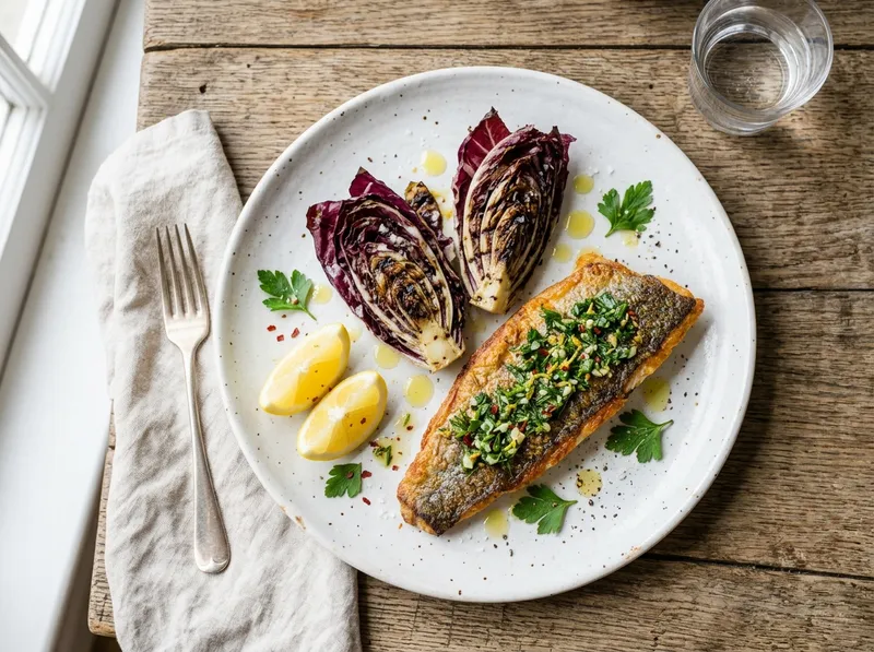 Gebratene Wolfsbarsch-Filets mit Knoblauch-Zitronen-Kruste und Radicchio