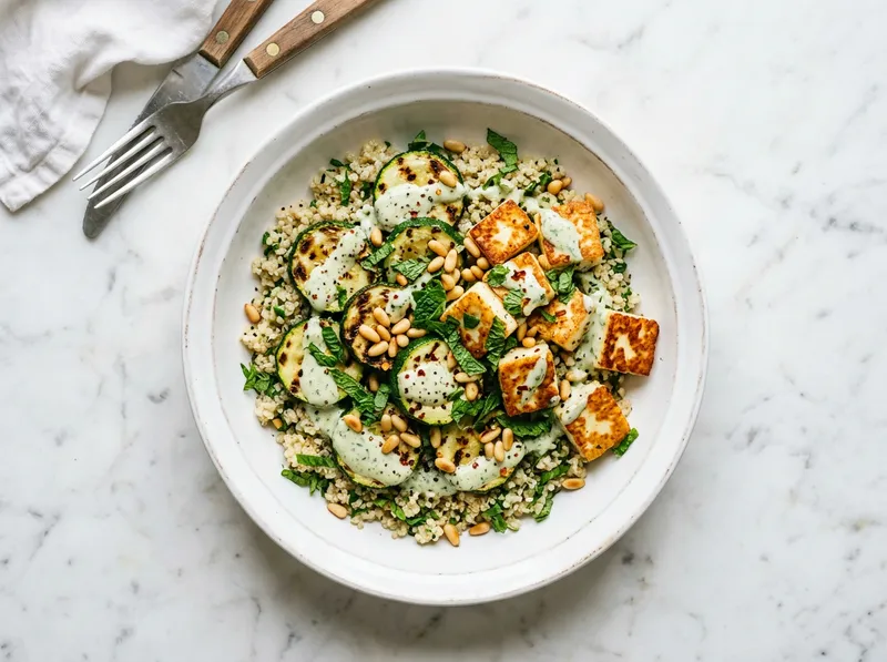 Gebratene Zucchini-Halloumi-Bowl mit Minz-Tahini