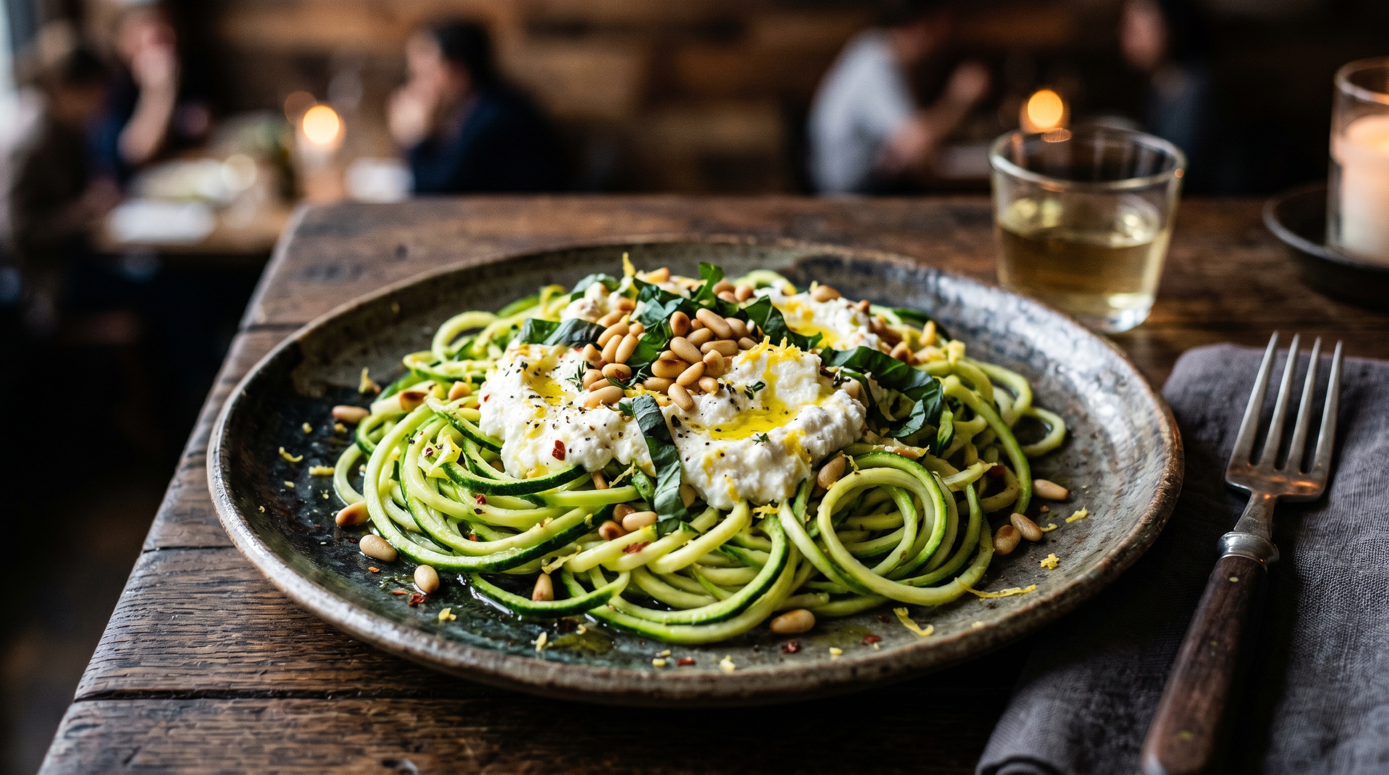 Gebratene Zucchini-Nudeln mit Zitronenricotta und gerösteten Pinienkernen