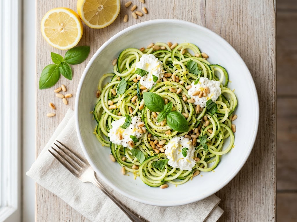 Gebratene Zucchini-Nudeln mit Zitronenricotta und gerösteten Pinienkernen