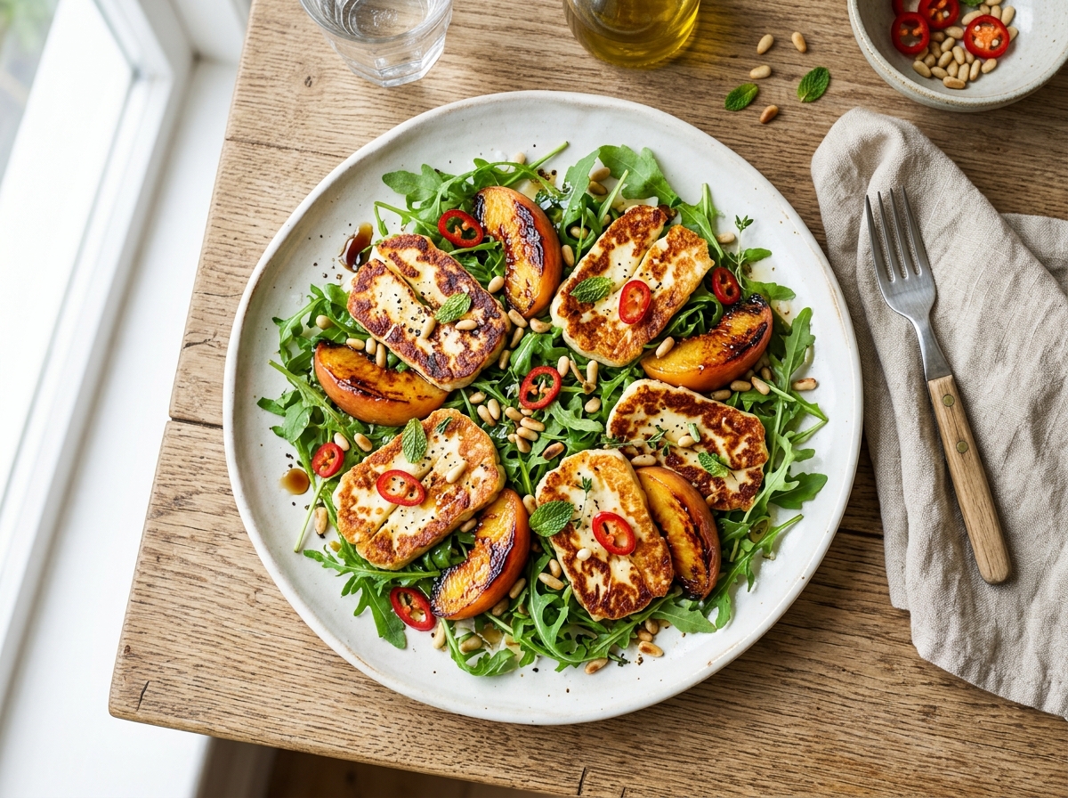 Gebratener Halloumi mit Honig-Chili-Pfirsichen und Rucola