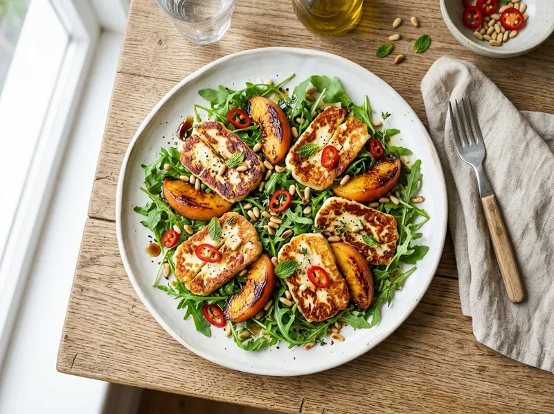 Gebratener Halloumi mit Honig-Chili-Pfirsichen und Rucola