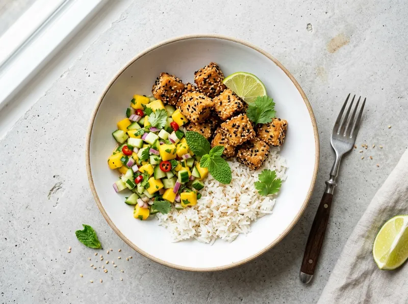 Gebratener Sesam-Tofu mit Mango-Gurken-Salsa und Kokos-Jasminreis