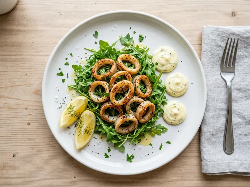 Gebratener Tintenfisch mit Zitronen-Knoblauch-Aioli und Rucola