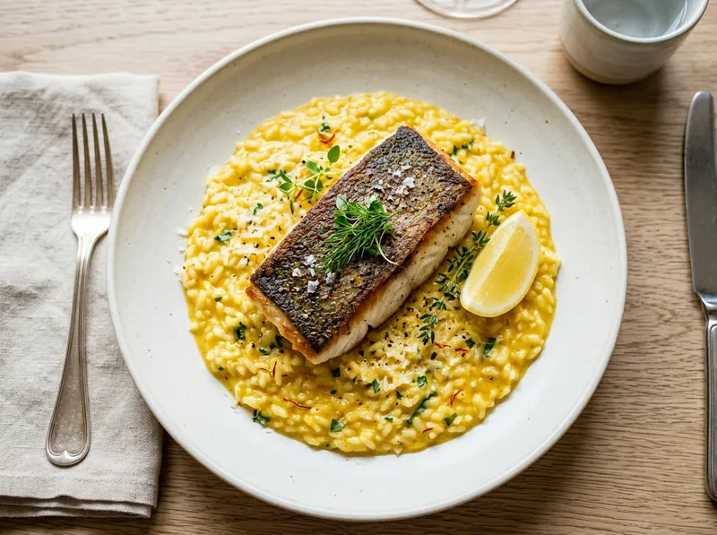 Gebratener Wolfsbarsch mit Safran-Zitronen-Risotto