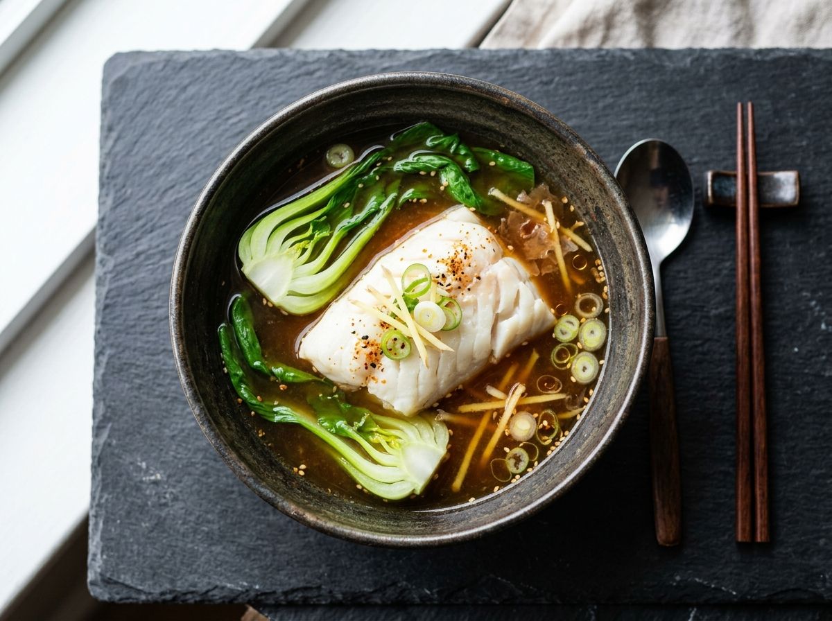 Gedämpfter Kabeljau mit Miso-Ingwer-Dashi und Pak Choi