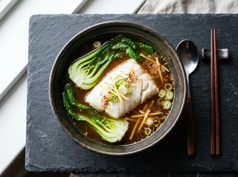 Gedämpfter Kabeljau mit Miso-Ingwer-Dashi und Pak Choi