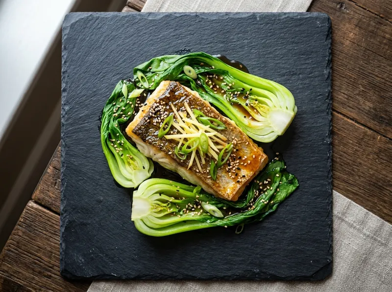 Gedämpfter Seebarsch mit Ingwer-Sojasauce und knackigem Pak Choi