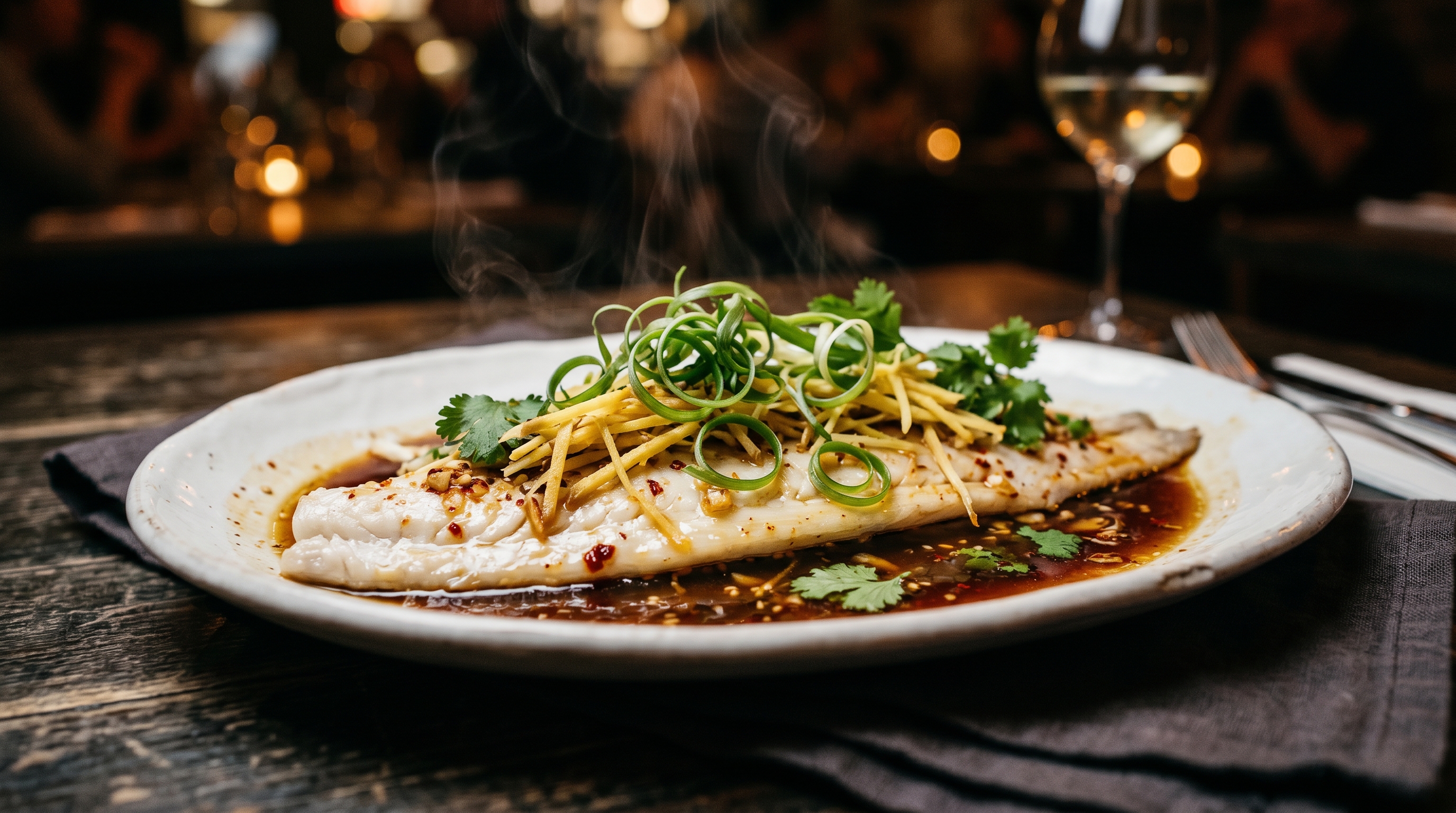 Gedämpfter Wolfsbarsch mit Ingwer, Frühlingszwiebeln und Sojasauce