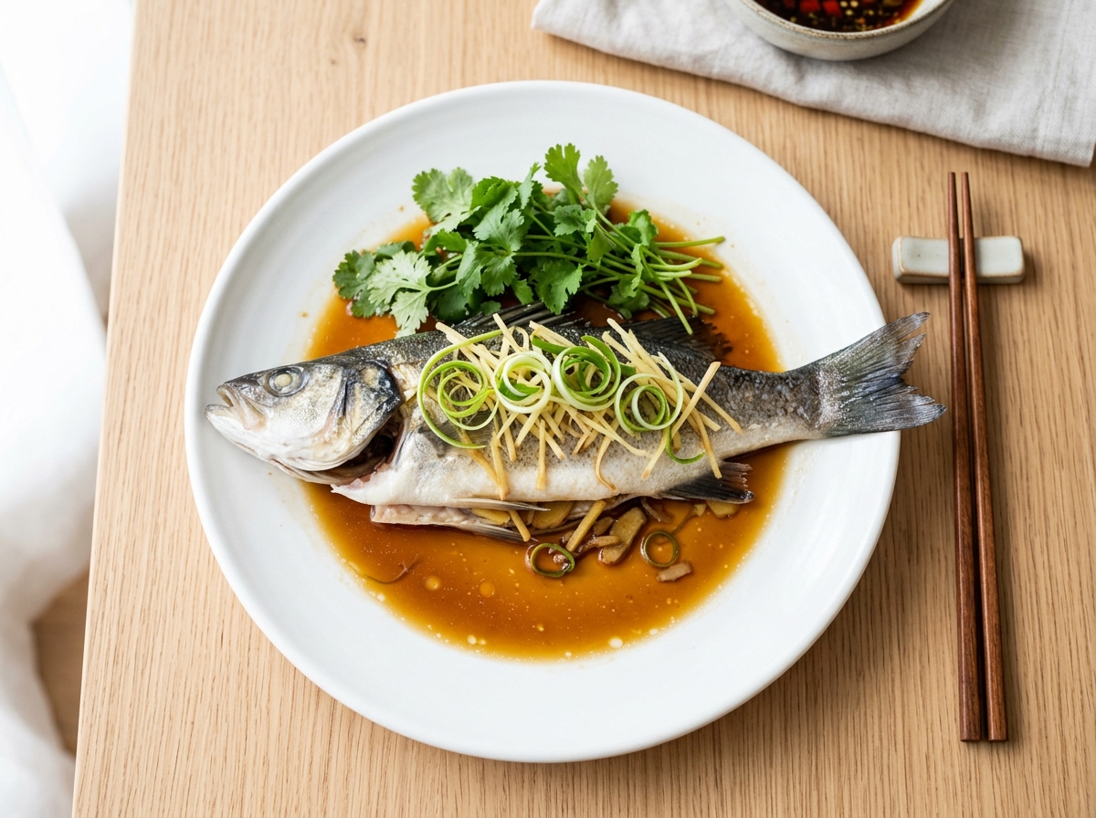 Gedämpfter Wolfsbarsch mit Ingwer, Frühlingszwiebeln und Sojasauce