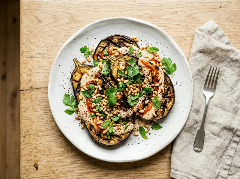 Gegrillte Auberginen-Steaks mit Harissa-Tahini und gerösteten Pinienkernen
