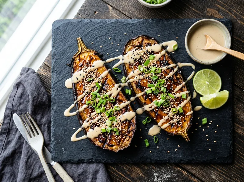 Gegrillte Auberginen-Steaks mit Tahini-Miso-Glasur und geröstetem Sesam