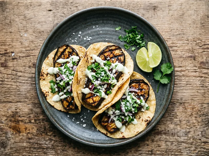 Gegrillte Auberginen-Tacos mit Avocado-Limetten-Crema