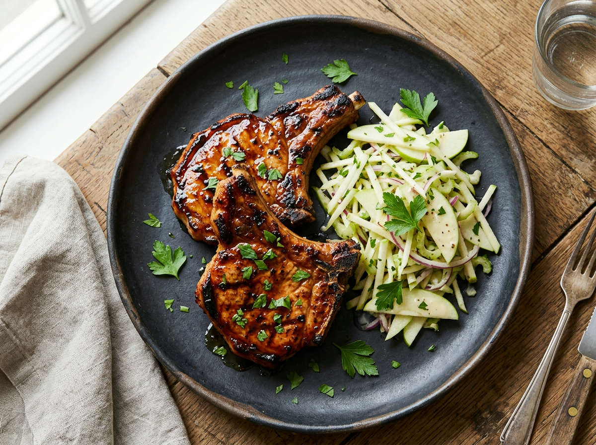 Gegrillte BBQ-Schweinekoteletts mit Apfel-Sellerie-Slaw