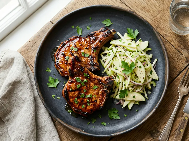 Gegrillte BBQ-Schweinekoteletts mit Apfel-Sellerie-Slaw