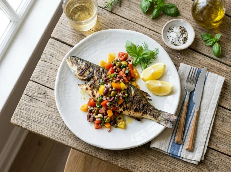Gegrillte Branzino-Filets mit Tomaten-Oliven-Salsa