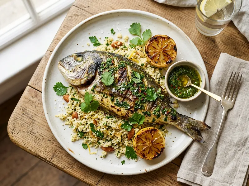 Gegrillte Chermoula-Dorade mit Zitronen-Couscous