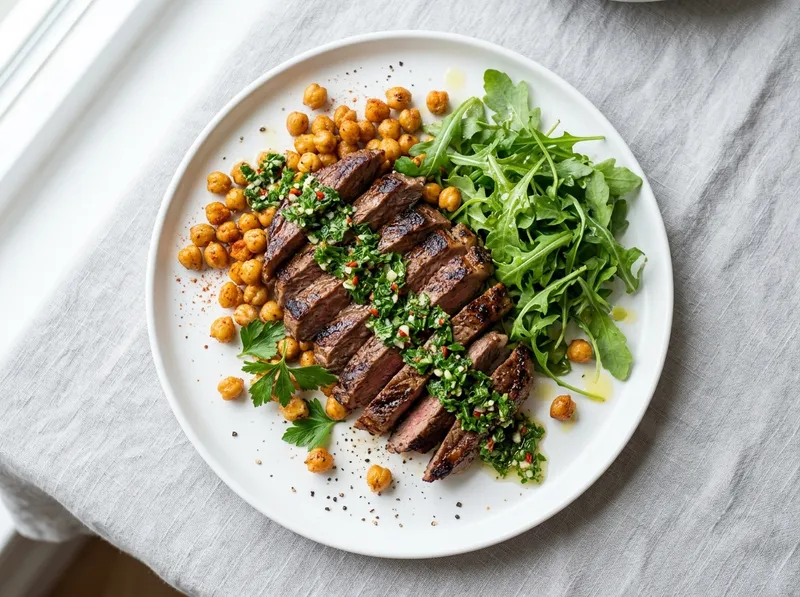 Gegrillte Chimichurri-Rinderstreifen mit Kichererbsen und Rucola