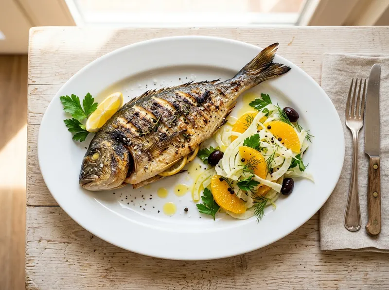 Gegrillte Dorade mit Fenchel-Orangen-Salat und Olivenöl
